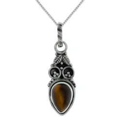 Zilveren ketting, tiger eye steen met blaadjes en geoxideerde delen