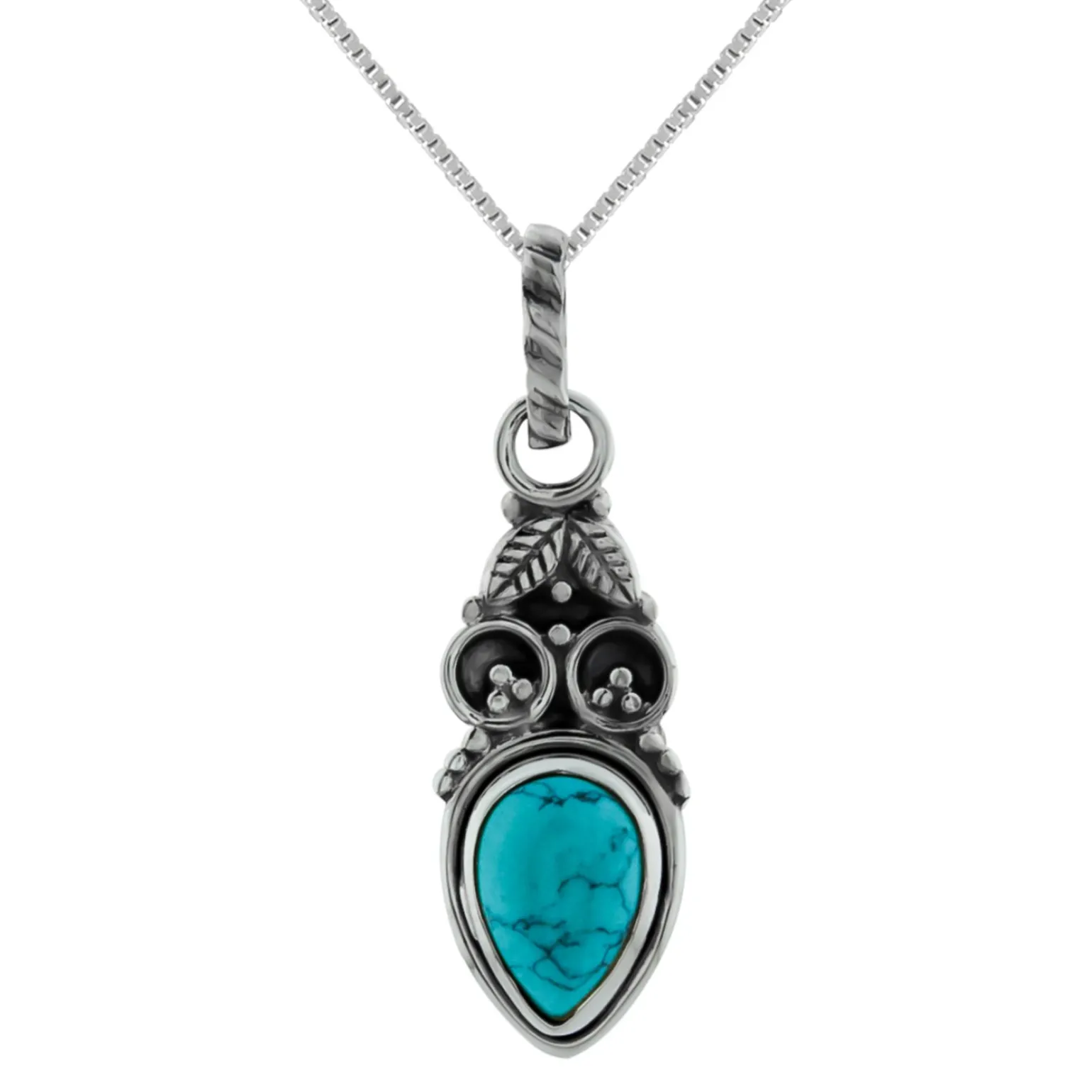 Zilveren ketting, turquoise steen met blaadjes en geoxideerde delen