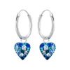 Zilveren oorbellen met hanger, blauw hartje met kristallen