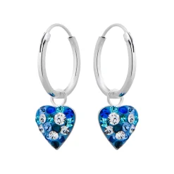Zilveren oorbellen met hanger, blauw hartje met kristallen