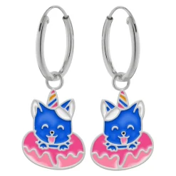 Zilveren oorbellen met hanger, blauwe kat in donut