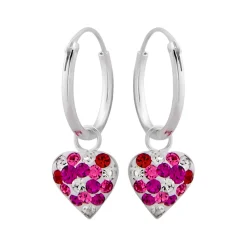 Zilveren oorbellen met hanger, wit hartje met roze en rode kristallen