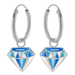 Zilveren oorbellen met hanger, blauwwitte diamant