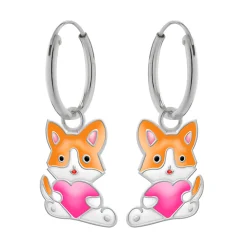 Zilveren oorbellen met hanger, vos met hartje