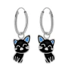 Zilveren oorbellen met hanger, zwarte kat met blauwe oren