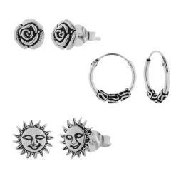 Zilveren oorbellen set, Bali hoop, zonnetje en roos