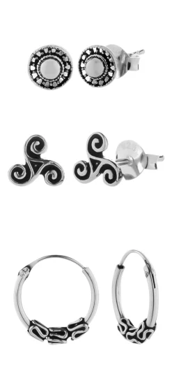Zilveren oorbellen set, triskele, Bali hoop en versierd knopje