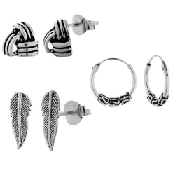 Zilveren oorbellen set, veertje, knoop en Bali hoops