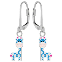 Zilveren oorhangers, blauwe giraf met roze vlekken