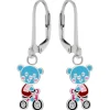 Zilveren oorhangers, blauw beertje op fiets met kristal wielen