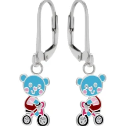 Zilveren oorhangers, blauw beertje op fiets met kristal wielen
