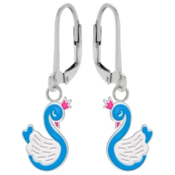 Zilveren oorhangers, blauwe zwaan met roze kroontje