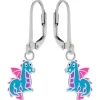 Zilveren oorhangers, blauw draakje met roze vleugels