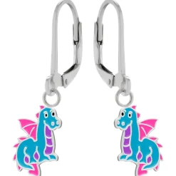 Zilveren oorhangers, blauw draakje met roze vleugels
