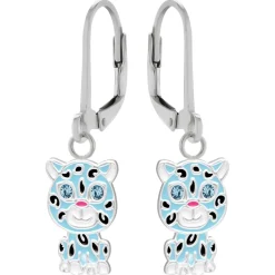 Zilveren oorhangers, blauwe tijger met ogen van kristal
