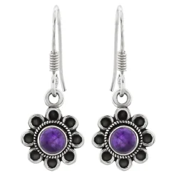 Zilveren oorhangers, bloem met ronde amethyst steen