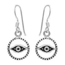 Zilveren oorhangers, cirkel met oog en bolletjes