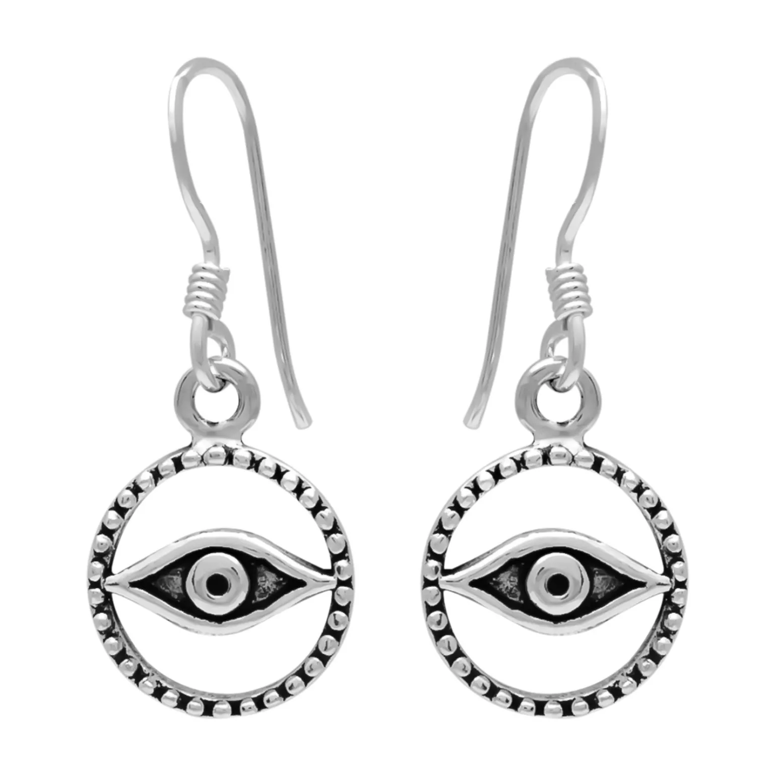 Zilveren oorhangers, cirkel met oog en bolletjes