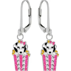 Zilveren oorhangers, dalmatiër met strikje in popcorn bak