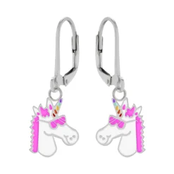Zilveren oorhangers, eenhoornhoofd met roze manen en zonnebril