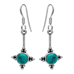 Zilveren oorhangers, gedraaid staafje met turquoise steen en bolletjes