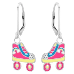 Zilveren oorhangers, gekleurde rolschaats met regenboog en glitters