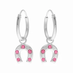 Zilveren oorhangers, hoefijzers, roze kristallen