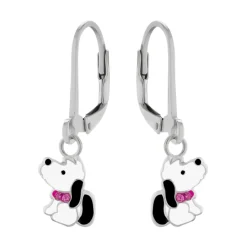 Zilveren oorhangers, hondje met roze halsband met kristallen