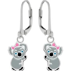 Zilveren oorhangers, koala met roze strikje