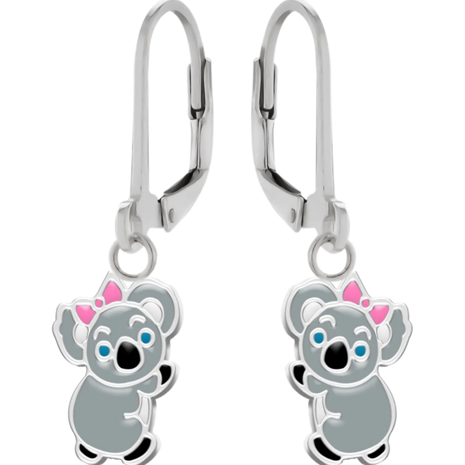 Zilveren oorhangers, koala met roze strikje