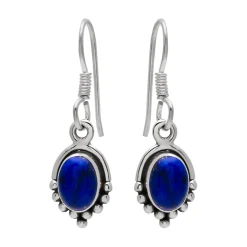 Zilveren oorhangers, lapis steen met gladde rand en bolletjes