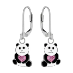 Zilveren oorhangers, lieve panda met hart van kristallen