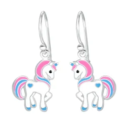 Zilveren oorhangers met eenhoorn, roze en blauw