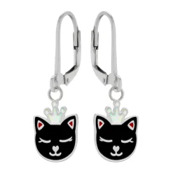 Zilveren oorhangers met hanger, zwarte kattenkop met glitterkroon