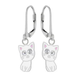 Zilveren oorhangers met hanger, wit katje met kristalogen