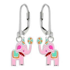 Zilveren oorhangers met hanger, roze circusolifant