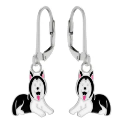 Zilveren oorhangers met hanger, zwarte husky