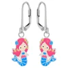 Zilveren oorhangers met hanger, zeemeermin met blauwe staart en roze haren