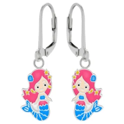 Zilveren oorhangers met hanger, zeemeermin met blauwe staart en roze haren