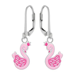 Zilveren oorhangers met hanger, roze zwaan met kroontje