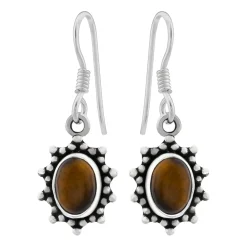Zilveren oorhangers, ovale tiger eye steen met rand van bolletjes en punten