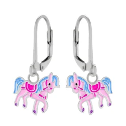 Zilveren oorhangers, paard met blauwe manen en roze zadel