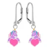 Zilveren oorhangers, paarse unicorn met groot roze hart