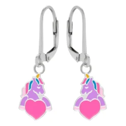 Zilveren oorhangers, paarse unicorn met groot roze hart
