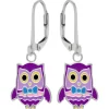 Zilveren oorhangers, paarse uil met blauw strikje