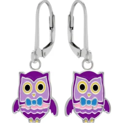 Zilveren oorhangers, paarse uil met blauw strikje