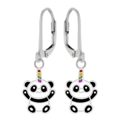 Zilveren oorhangers, panda met gekleurde hoorn