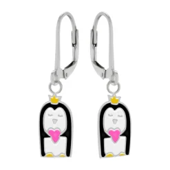 Zilveren oorhangers, pinguïn met kroon en hartje
