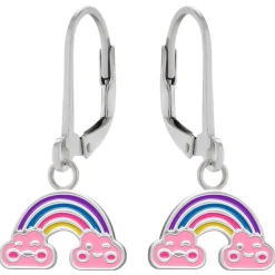 Zilveren oorhangers, regenbogen met vrolijke wolkjes