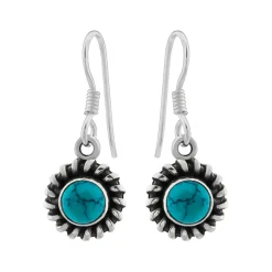 Zilveren oorhangers, ronde turquoise steen met geoxideerde bewerkte rand